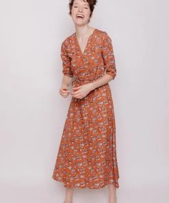 Mata Traders Aditi Hazelnut Floral Tencel Wrap Dress Clothing