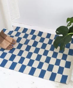 Archive New York Zapotec Checkered Wool Rug - Blue + Ivory