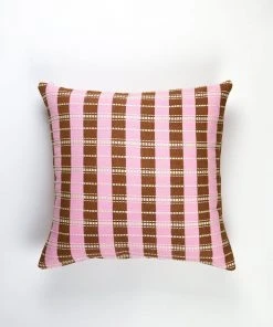 Archive New York Handcrafted Santiago Grid Throw Pillow - Baby Pink + Umber