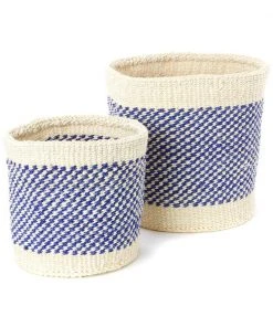 Swahili African Modern Home Goods Blue And Cream Twill Sisal Nesting Basket Set