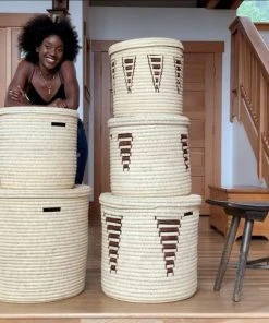 Swahili African Modern Chestnut Arrow Doum Palm Hamper Basket Set Home Goods