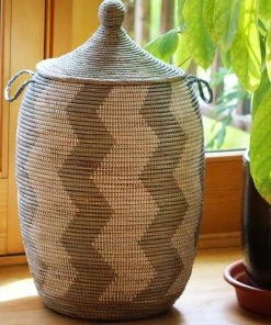Swahili African Modern Extra Large Silver And White ZigZag Hamper