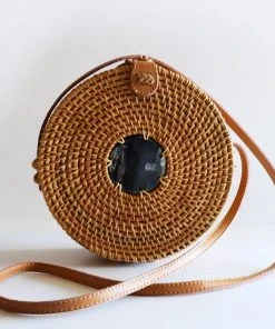 Hathorway BIPOC Owned Tan Tien Buffalo Horn Centerpiece Circle Wicker Rattan Bag