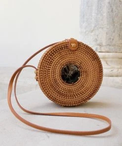 Hathorway BIPOC Owned Tan Tien Buffalo Horn Centerpiece Circle Wicker Rattan Bag