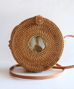 Hathorway BIPOC Owned Tan Tien Buffalo Horn Centerpiece Circle Wicker Rattan Bag
