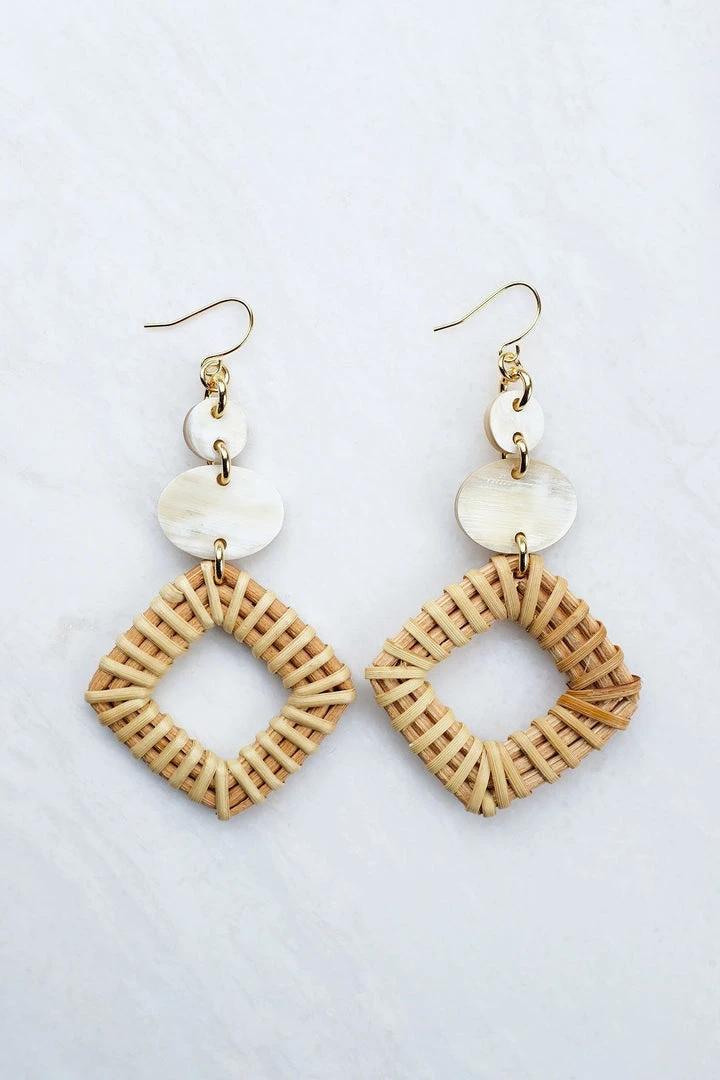 Hathorway Xuan Buffalo Horn & Rattan Geo Statement Earrings - Cream BIPOC Owned 1 Hathorway Xuan Buffalo Horn & Rattan Geo Statement Earrings - Cream BIPOC Owned