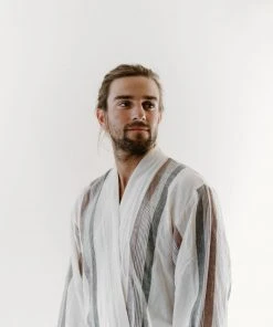 Home & Loft Hudson Unisex Long Turkish Robe - Brown + Cream