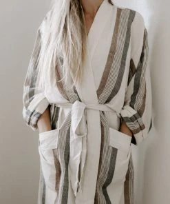Home & Loft Hudson Unisex Long Turkish Robe - Brown + Cream