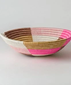 KAZI Home Goods Large Blossom Pinks + Tan Round Basket