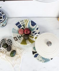 KAZI Home Goods Large Silver Blue Biko Round Basket