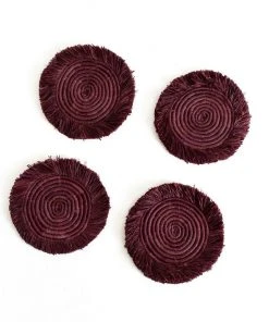 KAZI Burgundy Fringed Raffia Coasters