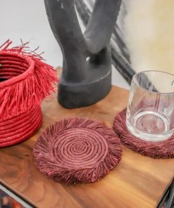 KAZI Burgundy Fringed Raffia Coasters