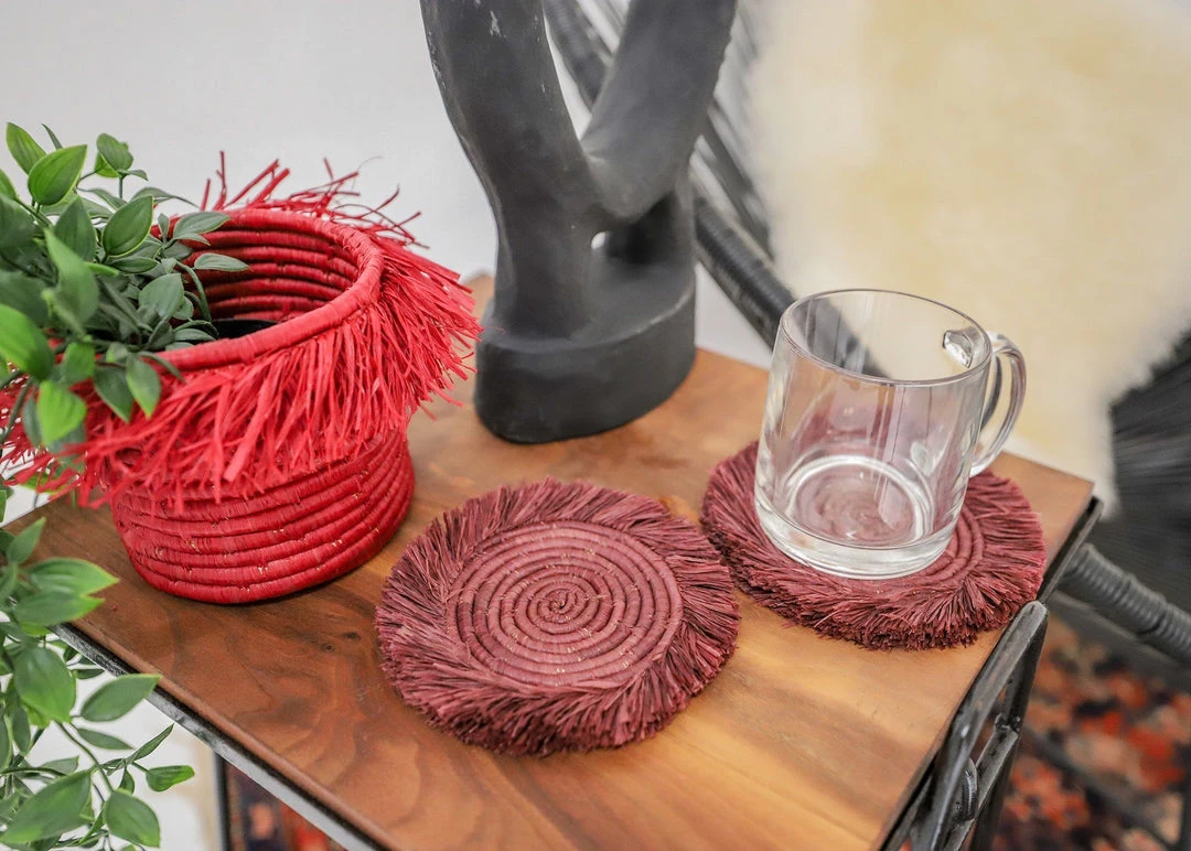 KAZI Burgundy Fringed Raffia Coasters 2 KAZI Burgundy Fringed Raffia Coasters