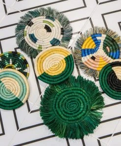 KAZI Home Goods Evergreen Fringed Oversized Raffia Coaster Set