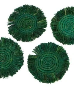 KAZI Home Goods Evergreen Fringed Oversized Raffia Coaster Set