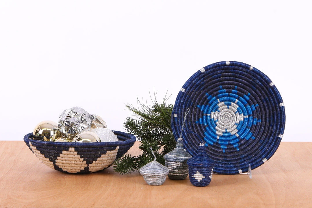 KAZI Metallic Silver + Blue Night Ornament Set Fair Trade 3 KAZI Metallic Silver + Blue Night Ornament Set Fair Trade