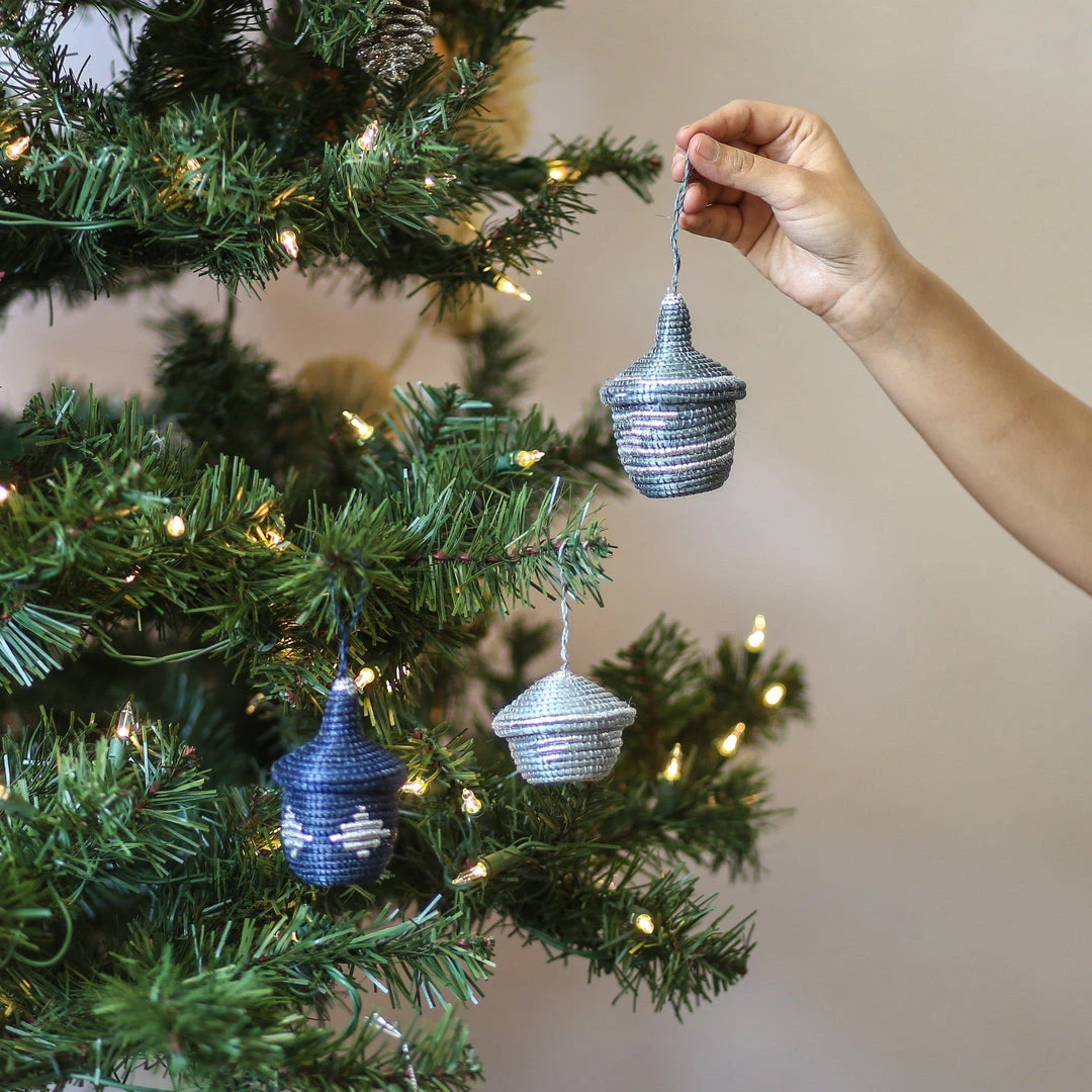 KAZI Metallic Silver + Blue Night Ornament Set Fair Trade 2 KAZI Metallic Silver + Blue Night Ornament Set Fair Trade