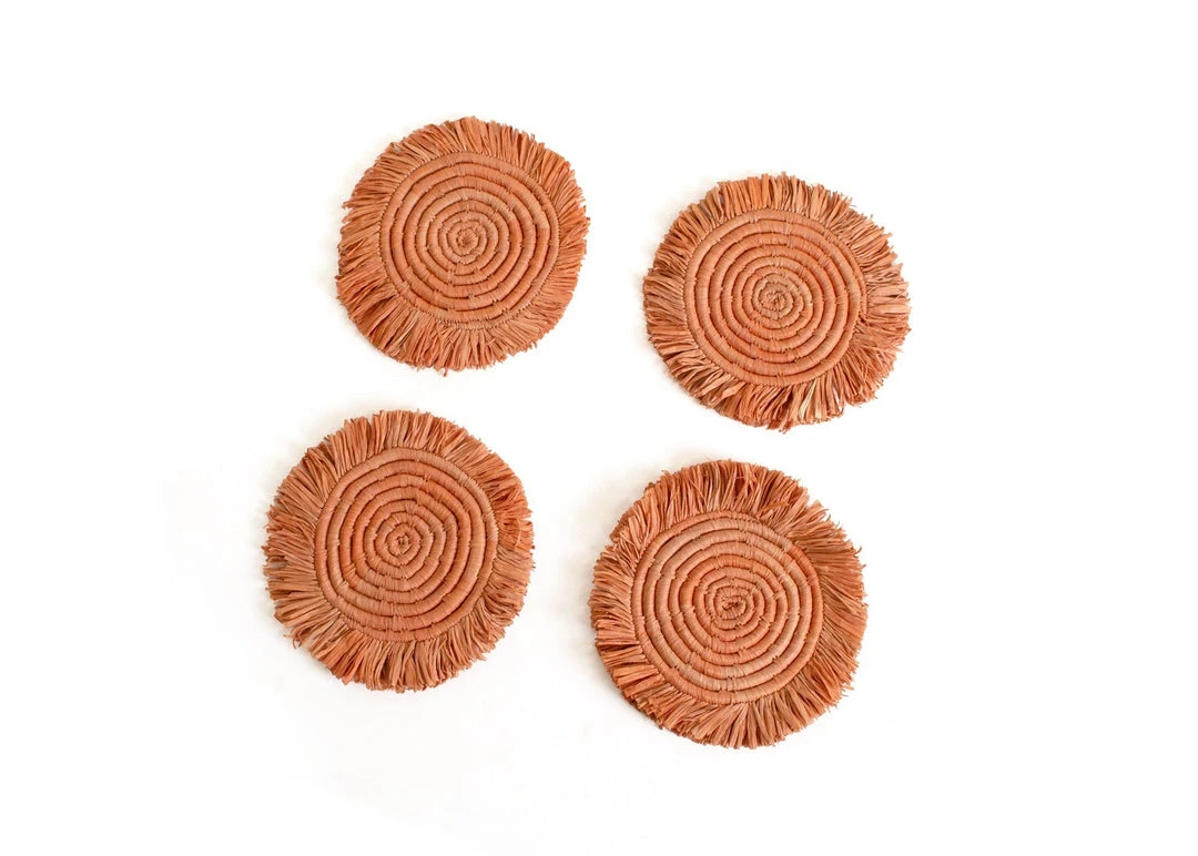 KAZI Home Goods Peach Fringed Raffia Coasters 1 KAZI Home Goods Peach Fringed Raffia Coasters