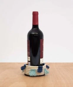 KAZI Home Goods Silver Blue Fringed Wine Bottle Coaster