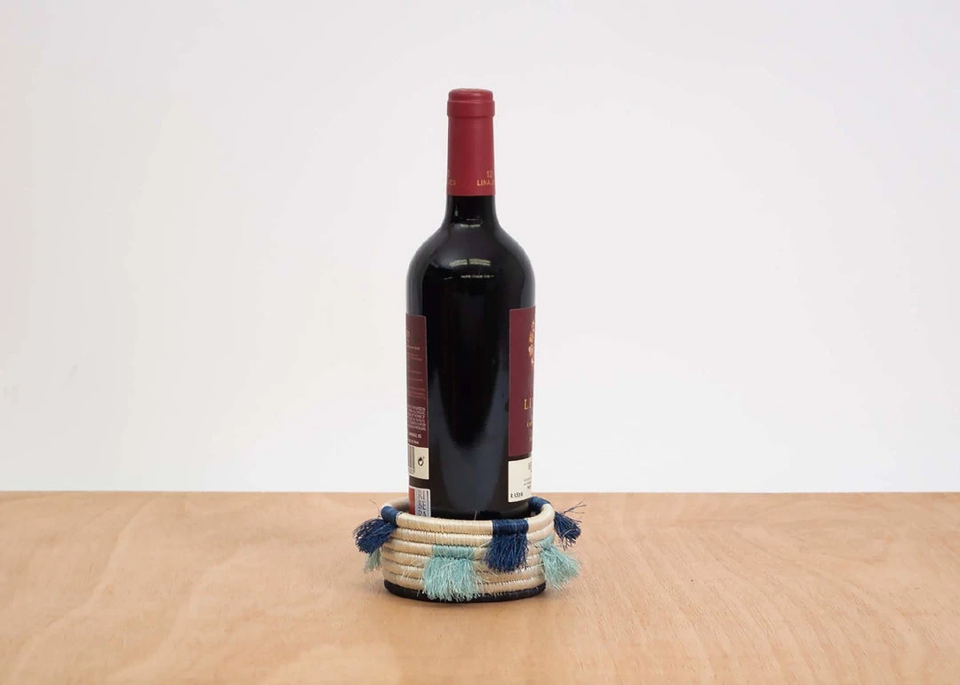 KAZI Home Goods Silver Blue Fringed Wine Bottle Coaster 2 KAZI Home Goods Silver Blue Fringed Wine Bottle Coaster