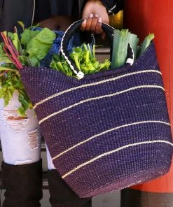 Swahili African Modern Midnight Blue Pinstripe Bolga Shopper Bag