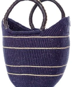 Swahili African Modern Midnight Blue Pinstripe Bolga Shopper Bag