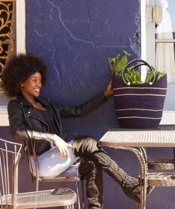 Swahili African Modern Midnight Blue Pinstripe Bolga Shopper Bag