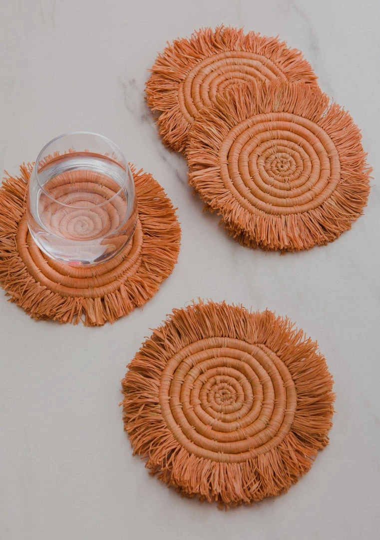 KAZI Home Goods Peach Fringed Raffia Coasters 2 KAZI Home Goods Peach Fringed Raffia Coasters