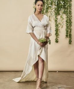 Symbology Peacock Feather Maxi Modal Wrap Dress - Cream + Gold