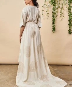 Symbology Peacock Feather Maxi Modal Wrap Dress - Cream + Gold