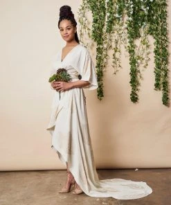 Symbology Peacock Feather Maxi Modal Wrap Dress - Cream + Gold