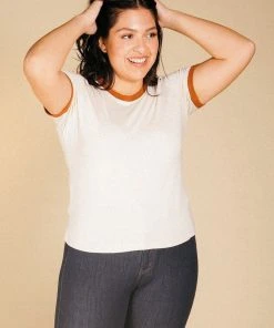 Poplinen Best Sellers Pat Bamboo Ringer Tee - Heather Almond + Rust