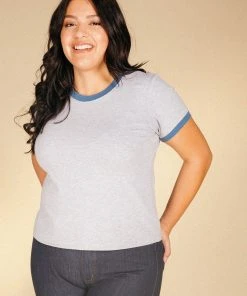 Poplinen Best Sellers Pat Bamboo Ringer Tee - Heather Gray + True Blue