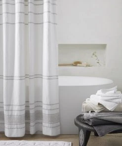 Coyuchi Rippled Stripe Shower Curtain - Alpine White / Gray