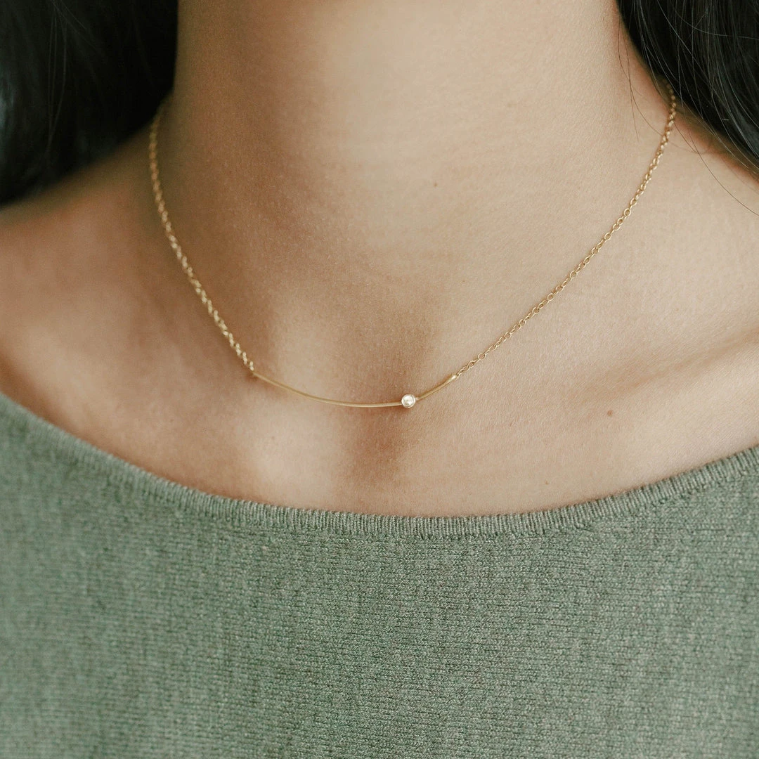 Sara Patino Jewelry Curved Bar Recycled Necklace - White Topaz Best Sellers Sara Patino Jewelry Curved Bar Recycled Necklace - White Topaz Best Sellers