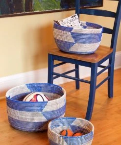 Swahili African Modern Set Of Three Blue Herringbone Sewing Baskets Home Goods