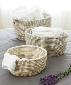 Swahili African Modern Set Of Three White Nesting Baskets