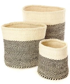 Swahili African Modern Black And Cream Twill Sisal Nesting Basket Set