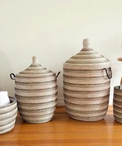 Swahili African Modern Black, Silver And White Striped Knitting Basket