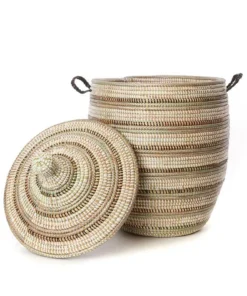Swahili African Modern Medium Black, Silver + White Striped Laundry Hamper
