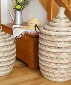 Swahili African Modern Medium Black, Silver + White Striped Laundry Hamper