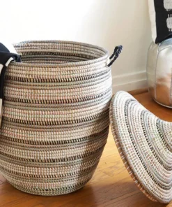 Swahili African Modern Medium Black, Silver + White Striped Laundry Hamper