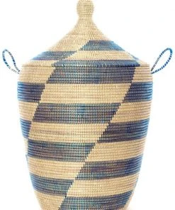 Swahili African Modern Home Goods Blue And Cream Mixed Pattern Hamper Set