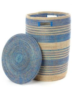 Swahili African Modern Home Goods Blue Ebb + Flow Striped Hamper Set