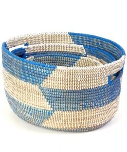 Swahili African Modern Set Of Three Blue Herringbone Sewing Baskets Home Goods