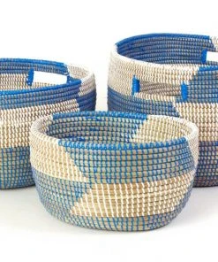 Swahili African Modern Set Of Three Blue Herringbone Sewing Baskets Home Goods