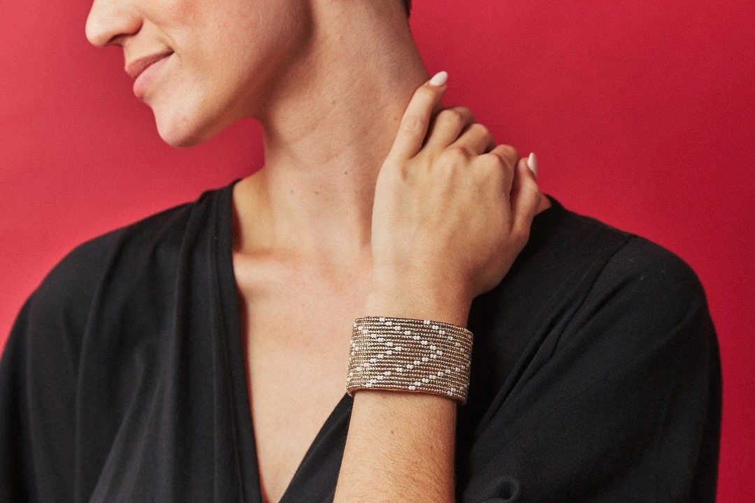 Swahili Coast Design Chevron Silver Beaded Leather Cuff Jewelry 3 Swahili Coast Design Chevron Silver Beaded Leather Cuff Jewelry