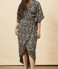 Symbology Art Deco Modal Maxi Wrap Dress - Black + Cream