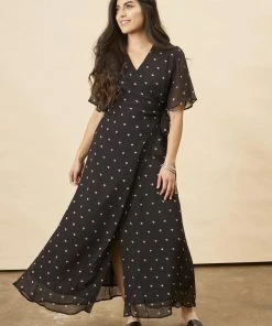 Symbology Baby Cacti Butterfly Sleeve Maxi Dress - Black + Cream