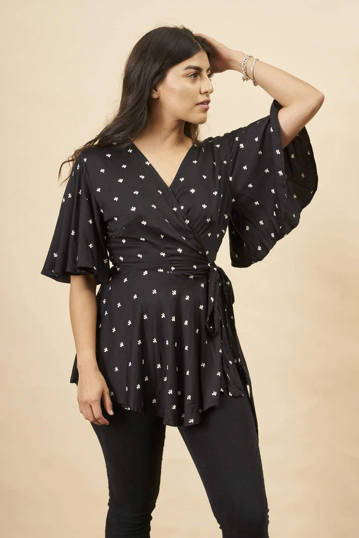 Symbology Baby Cacti Modal Peplum Blouse - Black + White Clothing 1 Symbology Baby Cacti Modal Peplum Blouse - Black + White Clothing